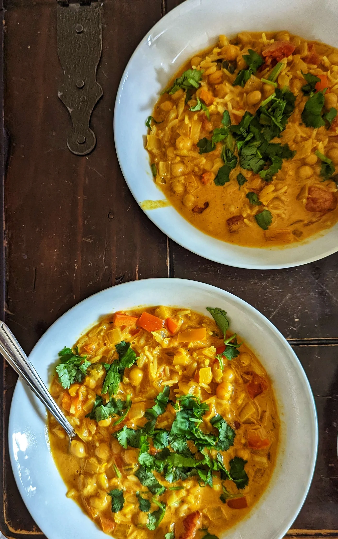 A curried chickpea soup from <a href=https://www.epicurious.com/recipes/food/views/african-curried-coconut-soup-with-chickpeas-352349>Donna Klein's recipe.</a>