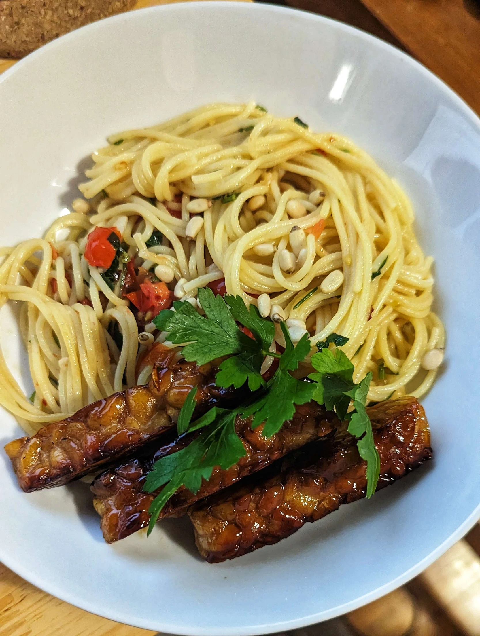 Something like an aglio e olio with teriyaki tempeh. I think I was hungry and lacked groceries.