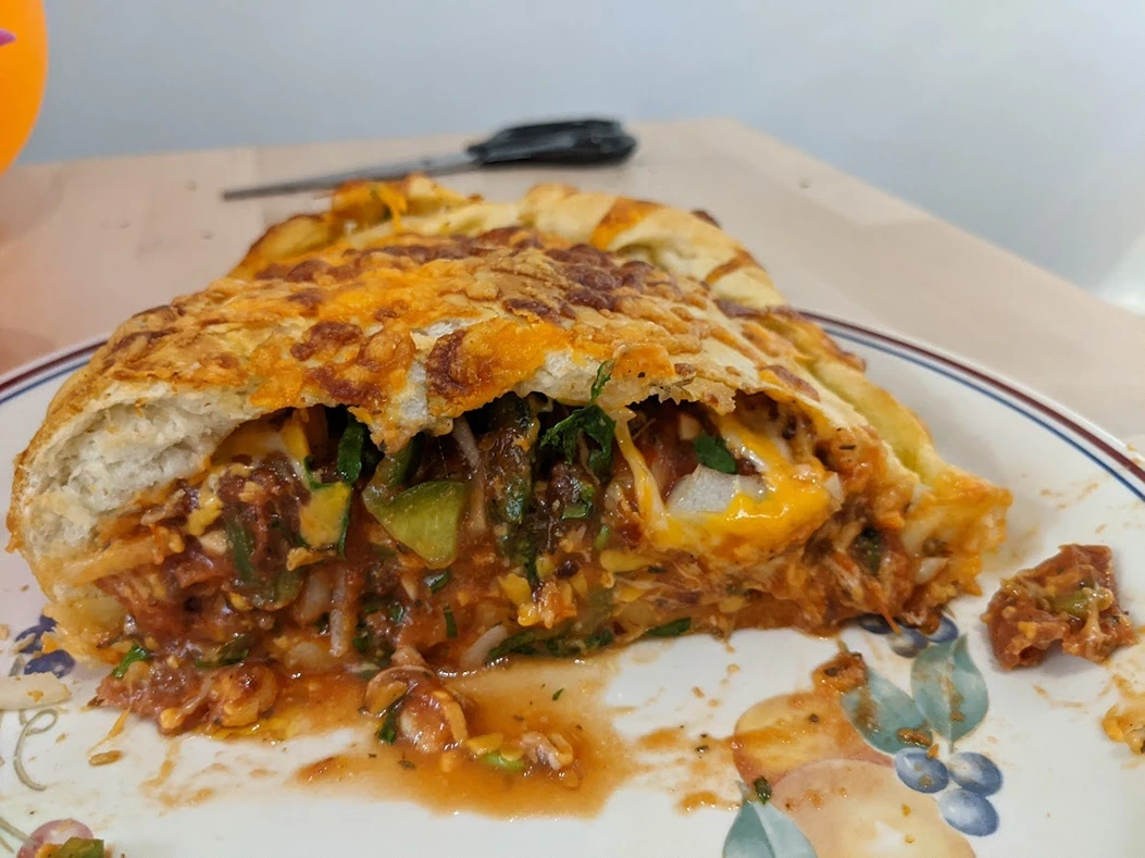 We make enormous calzones (okay, it has lots of sauce in it so it's not legit is it?), and this was a cross section.