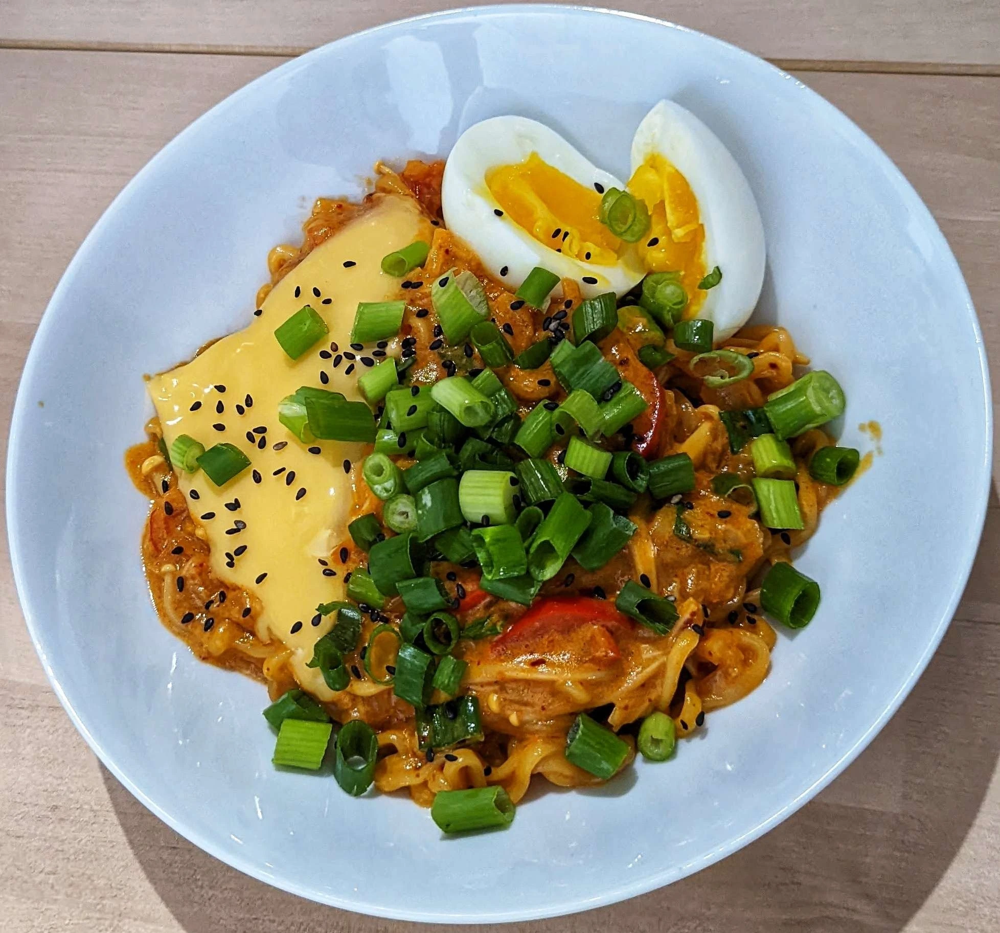 A supped-up cheesy ramen (from a package).