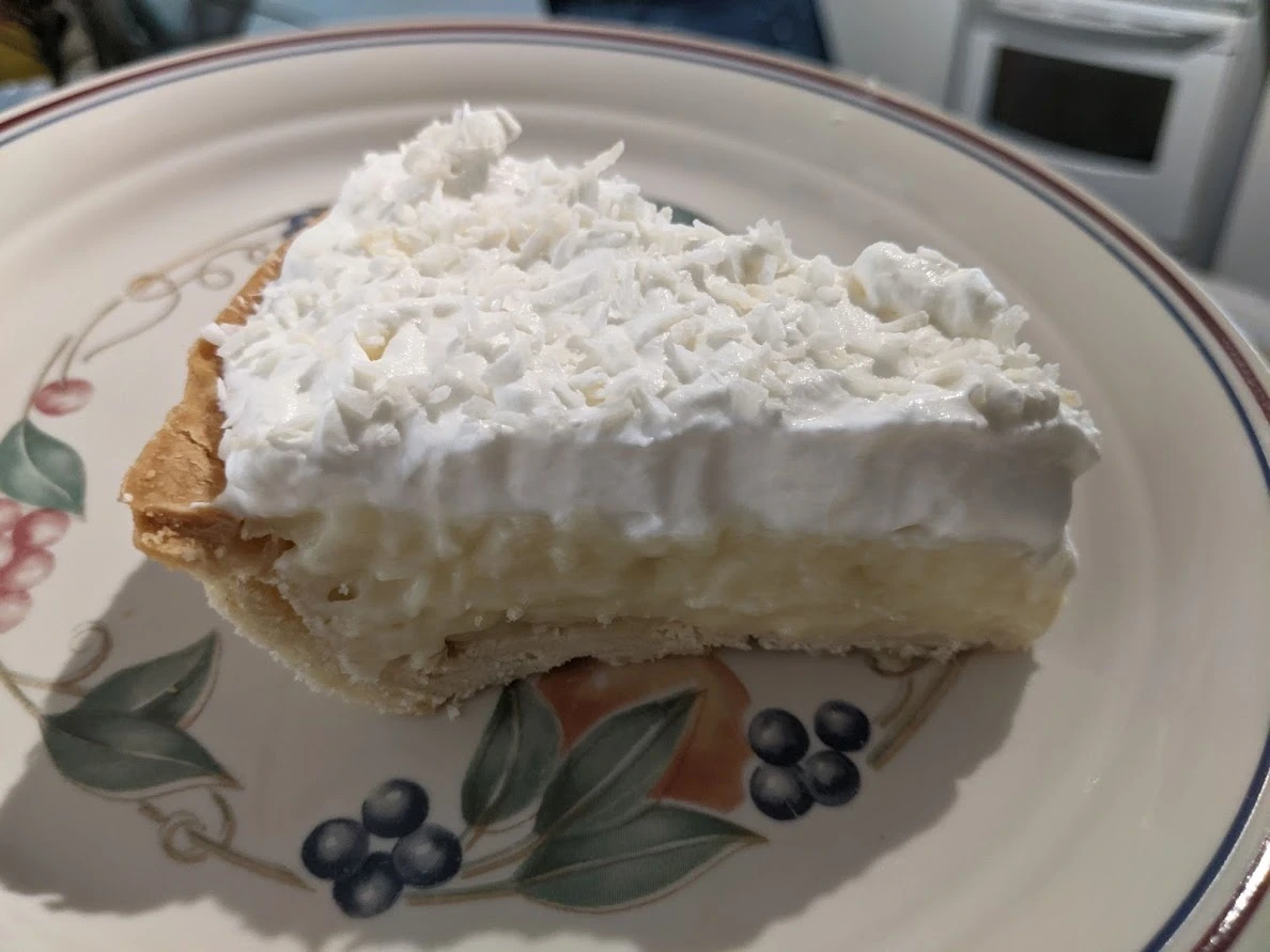 Coconut cream pie using <a href=https://sallysbakingaddiction.com/coconut-cream-pie/>Sally's recipe</a>. Yes, the crust is storebought since I am lazy.