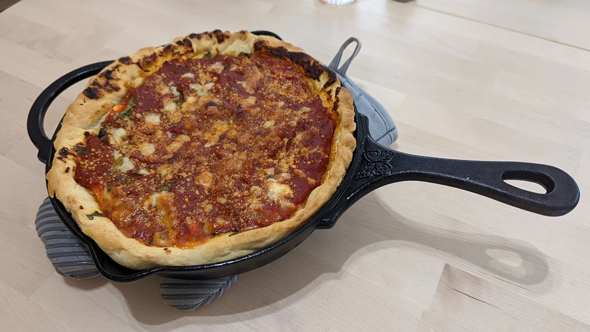 Deepdish pizza (it's underneath the sauce).