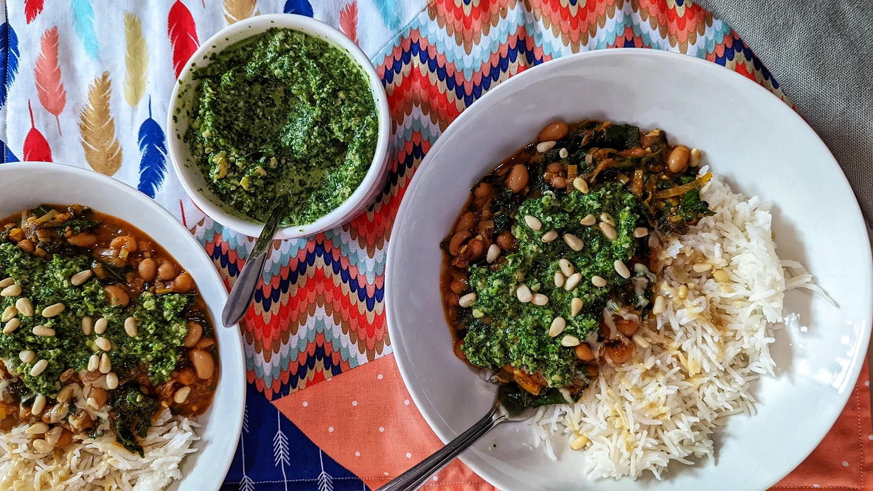 What probably is a variant of fasoolia baida, a bean stew from Palestine. The recipe is from <a href=https://www.epicurious.com/recipes/food/views/black-eyed-peas-with-chard-and-green-herb-smash>here</a> but no one actually says what it is called, so I am guessing.