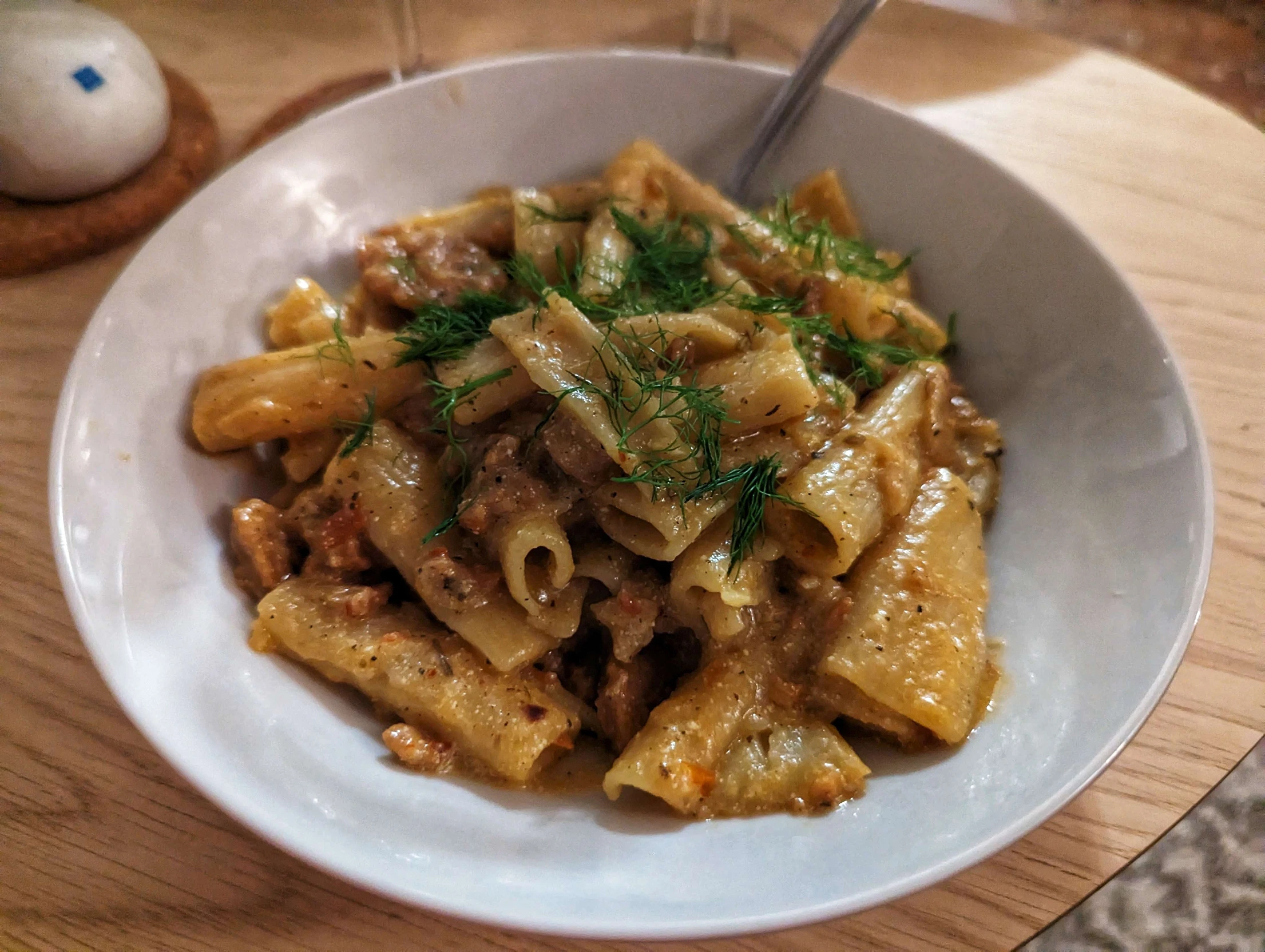 The roasted fennel and 'sausage' rigatoni recipe from Brianna's book, 'Vegan Pasta Night'.