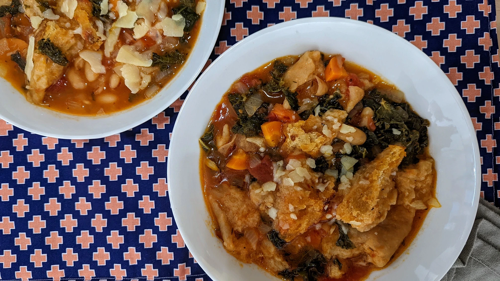 Ribolita (recipe from <a href=https://www.bonappetit.com/recipe/simple-ribollita>here</a>). Sadly not vegetarian with all that parm, but still good.