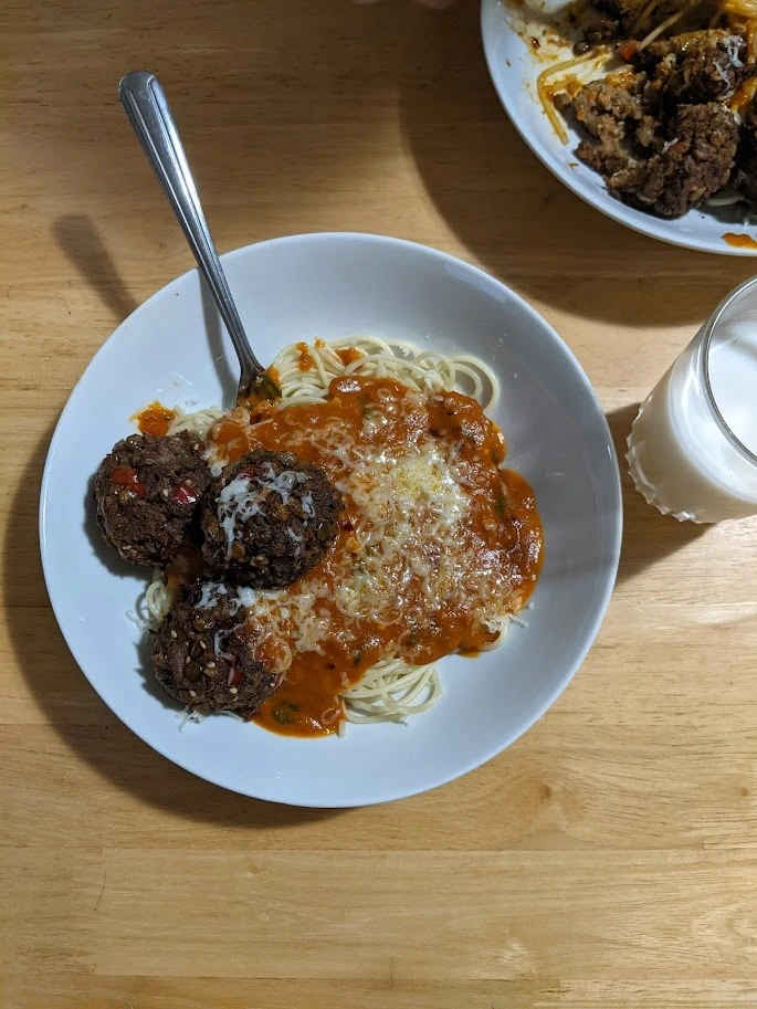 Spaghetti and meatballs using Salma Hage's vegetarian meatball recipe (which is actually really good!).