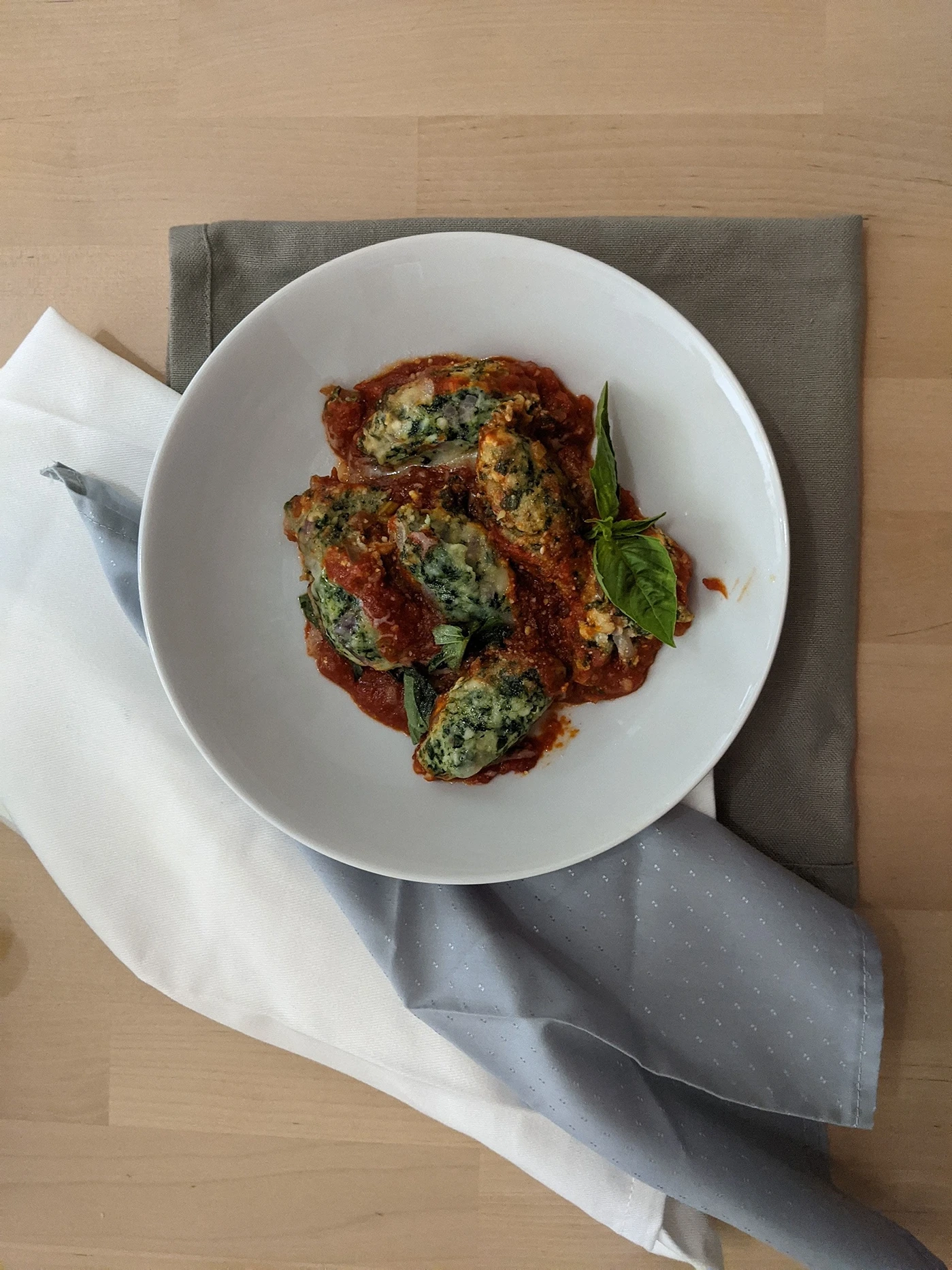 Spinach malfatti (a less well-formed Italian dish), made using <a href=https://www.recipetineats.com/malfatti-italian-spinach-ricotta-dumplings/>this recipe</a>.